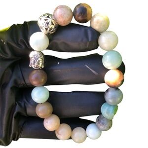 Amazonite Beaded Stretch Bracelet with Silver Buddha Bohemian Summer Festival